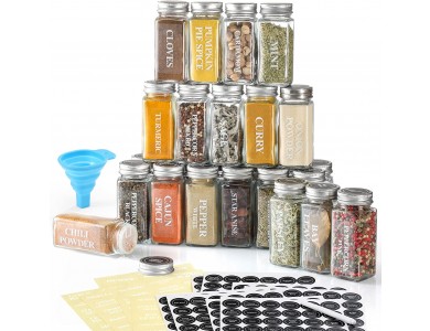 AJ 24-Pack Spice Jars with Labels, Θήκες Μπαχαρικών Γυάλινες με Καπάκια από Μέταλλο, Σετ των 24τμχ με Ετικέτες & Χωνί
