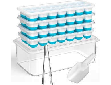 AJ 4-Pack Ice Cube Tray With Lid & Bin, 14 Cube Capacity, Set of 4, With Lid and Tongs, Blue