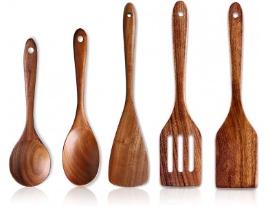 AJ 5-Pack Luxury Wooden Kitchen Utensils, Σετ Εργαλείων Μαγειρικής από Ακακία, Σετ των 5τμχ, Natural Brown
