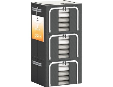 AJ Clothes Storage Organizer Bags 72L, Clothes Storage Boxes with 2 Openings and Window, Set of 3pcs, 50 x 40 x 36cm, Gray