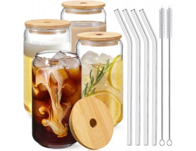 AJ Drinking Glasses with Bamboo Lids and Glass Straw, Γυάλινα Ποτήρια με Καπάκι από Μπαμπού & Καλαμάκια, Σετ των 4τμχ