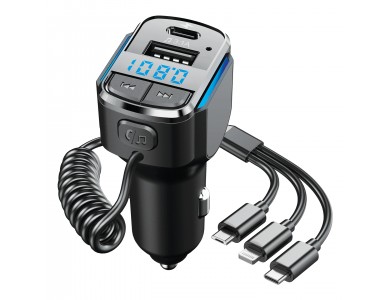 AJ FM Transmitter Bluetooth Handsfree Αυτοκινήτου & Φορτιστής QC3.0 μεΕνσωματωμένο Καλώδιο 3-in-1, Οθόνη LED & USB