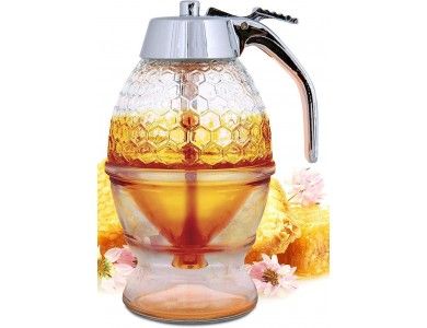 AJ Honey Dispenser with No Drip Glass, Honey dispenser/ Syrup, with Stand