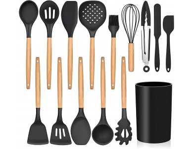 AJ Kitchen Utensil Set, Σετ Εργαλείων Μαγειρικής 14τμχ από Σιλικόνη, Αντικολλητικά με Ανοξείδωτη Λαβή, Black
