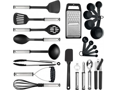 AJ Kitchen Utensil Set, Σετ Εργαλείων Μαγειρικής 24τμχ, Αντικολλητικά με Ανοξείδωτη Λαβή, Black