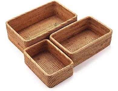 AJ Natural Rattan Storage Baskets Rectangular, Set of 3, Natural Brown