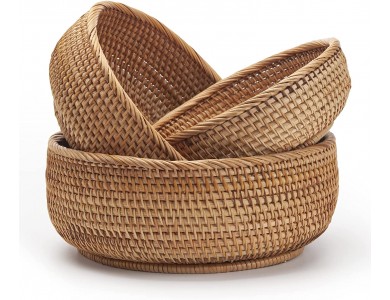 AJ Natural Rattan Storage Baskets Round, Καλάθια Αποθήκευσης Στρογγυλά, Σετ των 3τμχ, Natural Brown