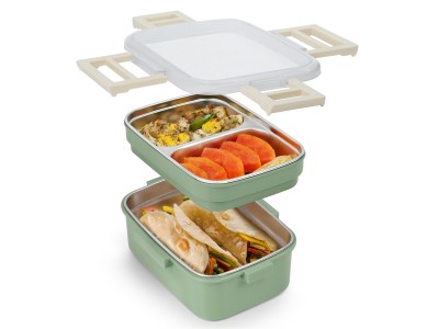 AJ O-Bento, Outdoor & Work Lunch Box, Stainless Steel 2-Tier Insulated Compartment, 1200ml, Green/Khaki