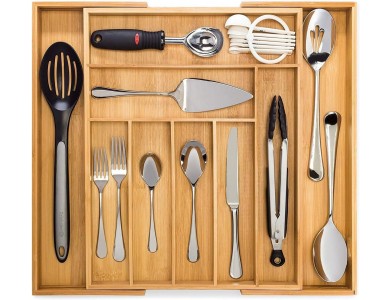 AJ Premium Drawer Organizer, Expandable Cutlery Organizer (7-9 Compartments) Made of Bamboo, 35-57 x 43 x 5cm