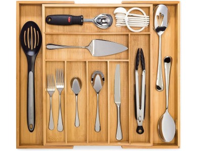 AJ Premium Drawer Organizer, Επεκτεινόμενη βάση τοποθέτησης μαχαιροπίρουνων (7-9 διαμερισμάτων) από Μπαμπού, 35-57 x 43 x 5cm