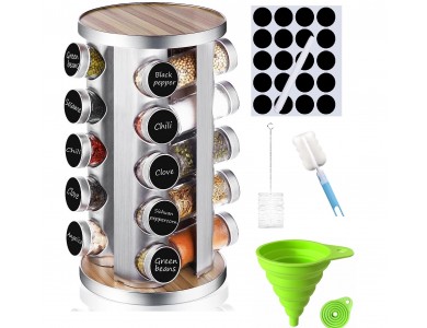 AJ Rotating Spice Rack Organizer & 20 Jars, 20 Glass Spice Holders on Rotating Base, Set with Labels & Funnel