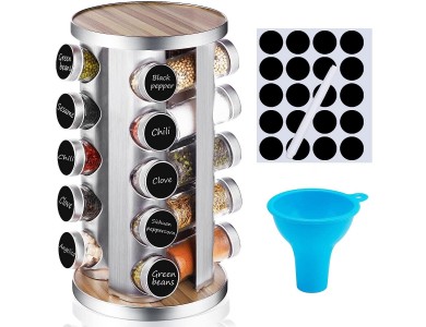 AJ Rotating Spice Rack Organiser & 20 Jars, 20 Θήκες Μπαχαρικών Γυάλινες σε Περιστρεφόμενη Βάση, Σετ με Ετικέτες & Χωνί