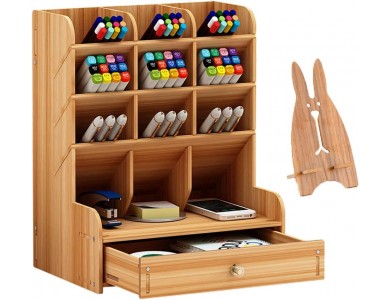 AJ Wooden Desk Organizer, Desk Organizer with Pencil Cases and Drawer, 25.5 x 15 x 21, Cherry Brown