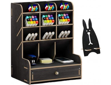 AJ Wooden Desk Organizer, Desk Organizer with Pencil Cases and Drawer, 25.5 x 15 x 21, Black