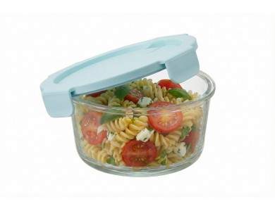 AJ Glass Food Container Round Transparent with Blue Lid & Airtight Closure 17x7cm, 950ml