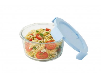 AJ Glass Food Container Round Transparent with Blue Lid & Airtight Closure 15x6cm, 660ml