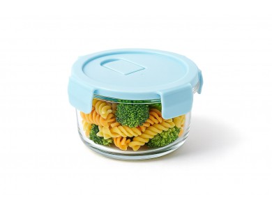 AJ Glass Food Container Round Transparent with Blue Lid & Airtight Closure, 420ml