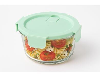 AJ Glass Food Container Round Transparent with Green Lid & Airtight Closure 15x6cm, 660ml