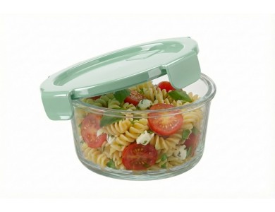 AJ Glass Food Container Round Transparent with Green Lid & Airtight Closure, 420ml
