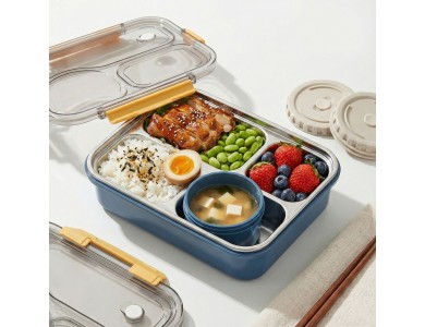 AJ Bento Japanese Style Lunch Box, Stainless Steel Lunch Box with Soup Bowl, Ανοξείδωτο Δοχείο Φαγητού, 22x16x6, 750ml, Blue