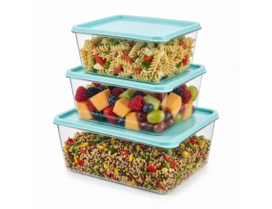 AJ Food Storage Container Set 3pcs, Food Storage Containers Set of 3, 1.8L/3.2L/4.5L, Light Blue/Transparent