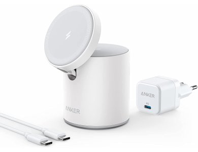 Anker 623 Mag-Go 2-in-1 Dock, Magnetic wireless charger for iPhone 13/12 & AirPods, Set with wall charger - B2568321, White