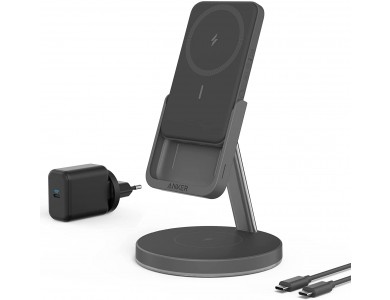Anker 633 MagGo 2-in-1 Dock, Wireless Magnetic Power Bank with Stand for iPhone 12/13 & AirPods, Set with Power Charger, Black