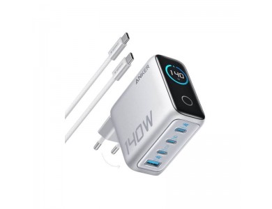 Anker Laptop Charger, Φορτιστής πρίζας 4-θυρών 140W Type-C με GaN PD 3.1, Σετ με Καλώδιο USB-C, Silver