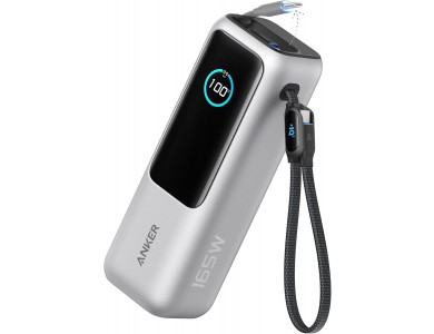 Anker Powerbank 25000mAh 165W με 3*USB-C, 1*USB-A, Ενσωματιωμένα Καλώδια USB-C & Oθόνη LED, Silver