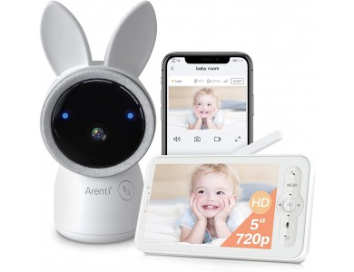 Laxihub AINanny Baby Monitor, Baby Intercom Wireless, 2K, 5" LCD, Pan & Tilt, 2-Way Audio, Use with APP & 32GB Micro-SD