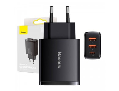 Baseus Compact 3-Port Socket Charger 30W with Power Delivery and Quick Charge 3.0, Black