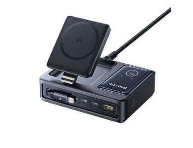 Baseus Nomos 5-in-1 Desktop Charging Hub Φορτιστής με Qi2 15W + 2 Θύρες USB-C PD 140W + Θύρα USB-A 15W + Retractable USB-C 100W