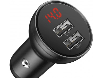 BaseusCar charger 24W with 2xUSB-A & Digital Display, Grey