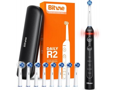 Bitvae Daily R2 Electric Toothbrush with 8 Replacement Heads, Timer, Pressure Sensor & Travel Case