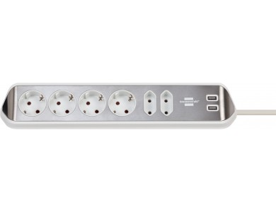 Brennenstuhl Estilo 6-outlet Corner Extension socket, with 2*USB Charging Ports, 2M Cable, Stainless Steel