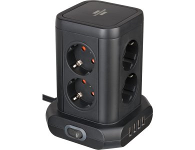 Brennenstuhl Tower Socket PowerCube 8 Slots & 4 USB Charging ports, 2Μ Cable, Black