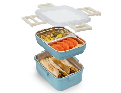 AJ O-Bento, Outdoor & Work Lunch Box, Stainless Steel 2-Tier Insulated Compartment, 1200ml, Petrol Blue