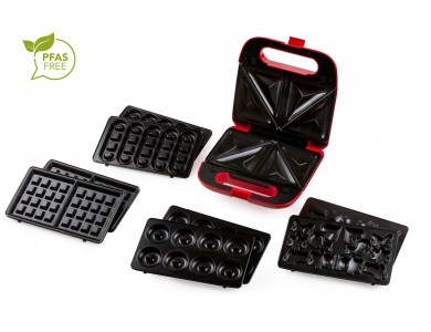 DOMO Snack Party 5-in-1, Τοστιέρα / Πολυσυσκευή Πρωινού & Σνακ με 5 Αποσπώμενες Πλάκες + Βιβλίο Συνταγών, PFAS-free, Red