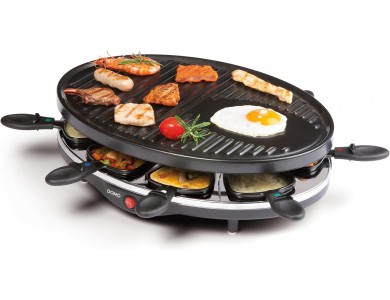 DOMO Raclette Grill, Electric Raclette Grill with 8 Enamelled Raclette Pans & Wooden Spatulas, PFAS-free