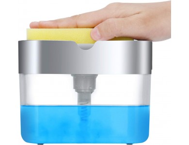 AJ Dish Soap Dispenser 3-in-1, Επιτραπέζιο Dispenser Κουζίνας 380ml με Σφουγγάρι και Θήκη Αποθήκευσης Σφουγγαριού, Διαφανές