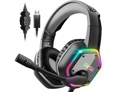 EKSA E1000 RGB Gaming Headset 7.1 Surround Sound & Noise-cancelling Microphone (PC / PS4 / PS5 / Xbox / Switch / Mac), Grey