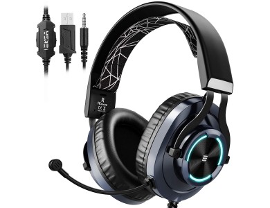 EKSA E3000 RGB Gaming Headset Surround Sound & Noise-cancelling Microphone (PC / PS4 / PS5 / Xbox / Switch / Mac), Silver