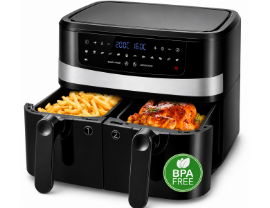 Emerio Double Air Fryer XXL, Φριτέζα Αέρος 2x4.5lt για Υγιεινό Μαγείρεμα με 2 Ξεχωριστούς Κάδους, 2400W & 12 Preset Menus