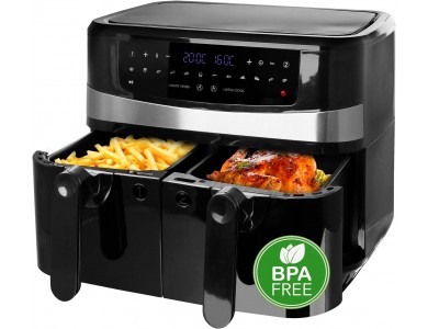 Emerio Double Air Fryer XXL,  Fritéza Aéros Air fryer 2x4.5lt  for Healthy Cooking with 2 Separate Bins, 2400W & 12 Preset Menus