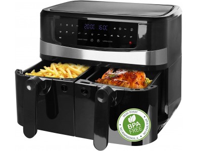 Emerio Double Air Fryer XXL 2x4.5lt for Healthy Cooking with 2 Separate Bins, 1800W & 12 Preset Menus