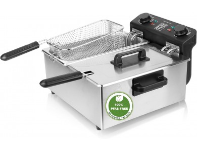 Emerio Dual Chamber Oil Fryer 3300W, Stainless Steel Oil Fryer PFAS free, with 2 Tanks, Silver