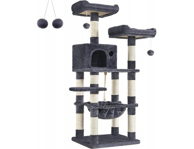 FEANDREA Cat Tree with Poles, 6 Levels with Hideaway, Hammock & Toys, from Sisal 55x45x143cm, Smoky Grey