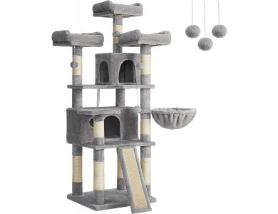 FEANDREA Cat Tree, XXL Cat Condo with 6 Levels, 2 Hideouts & Pon Pons, Sisal 54x50x172cm, Light Grey