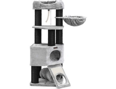 FEANDREA Velvet Cat Tree With Poles, Reinforced with 6 Levels, Hideaway & Tunnel 50x50x141cm, Light Grey