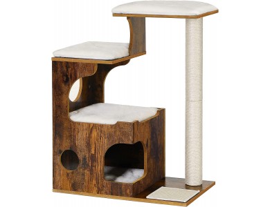 FEANDREA Vegan Fur Cat Tree with Pillars, 4 Levels with 1 Hideaway, with Pillar with Shizal 66x40x86cm, Rustic Brown